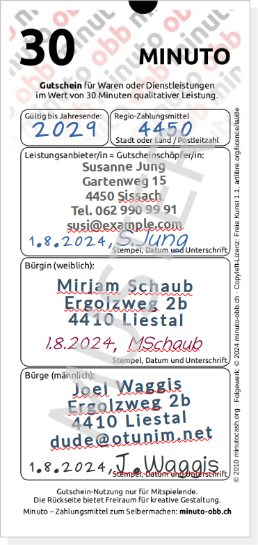 Muster einers Minuto-Gutschein für 30 Minuten qualitativer Leistung.